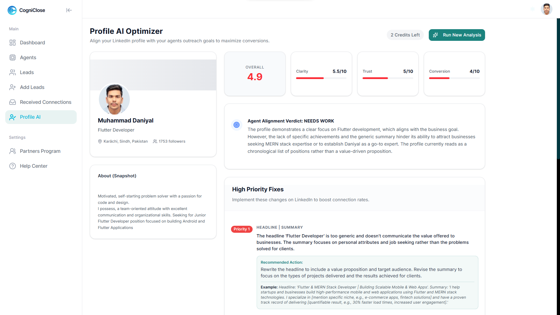 CogniClose profile analyzer - LinkedIn profile optimization scores